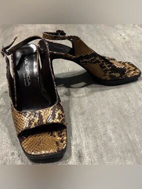Via Spiga Italian made snakeskin with shades of browns slingback chunk heels